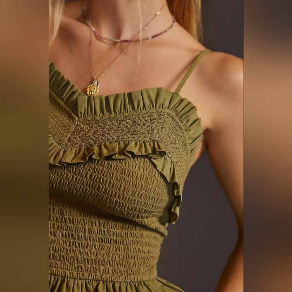 Anthropologie Olive Green Smocked Ruffle Tank Top